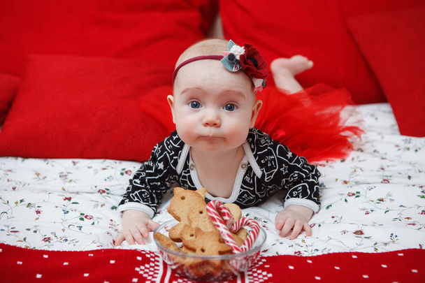 Hermosa niña de cinco meses con una flor en la cabeza en un vestido azul con pan de jengibre de Navidad sobre un fondo rojo. Cuidado de madre. Cuidado de niños. Primer plano
. - Foto, Imagen