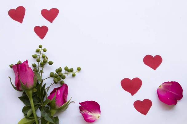 rosa rosa flores con dibujar tarjeta postal corazón rojo para el día de San Valentín disposición en papel blanco
  - Foto, imagen