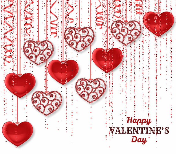 Happy Valentine Day background with shiny and glossy hearts. Red pink glitter and confetti. Greeting card and Love template - Vector, Image