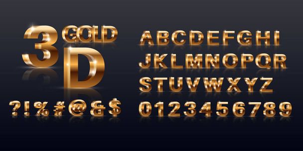 A set of the gold sparkling letters, figures and symbols.3D the alphabet. Elements for design, festive jewelry. Vector illustration. - Vector, Image
