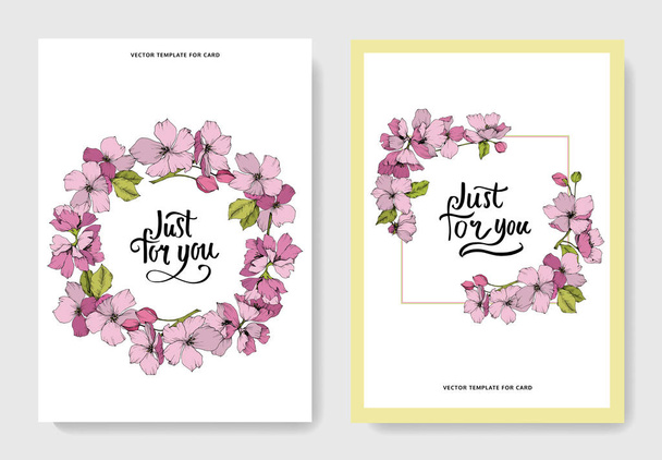 Vector Pink apple blossom floral botanical flower. Engraved ink art. Wedding background card floral decorative border. - Vettoriali, immagini