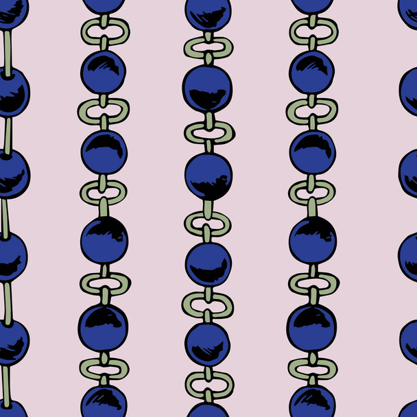Seamless pattern of silver chains with blue beads on a pink background. - Vector, imagen