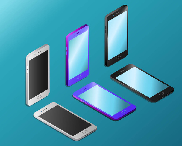 Colored realistic smartphones with empty screens in isometry - Vector, Image