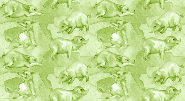 Schweine auf dem Hof. nahtloses Muster. Designdruck für Textilien, Stoff, Tapeten, Hintergrund. kann für den Druck auf Papier, in Verpackungen verwendet werden. Orientalisches Horoskop 2019 für das Schweinejahr der gelben Erde. - Foto, Bild