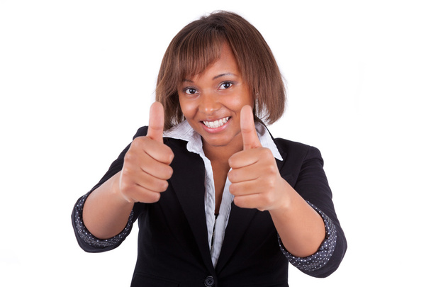 Smiling black african american business woman making thumbs up - Fotó, kép