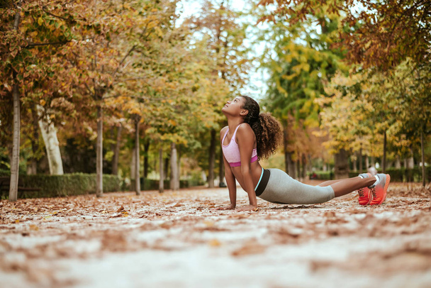 Young latin girl doing fitness training in park. - 写真・画像