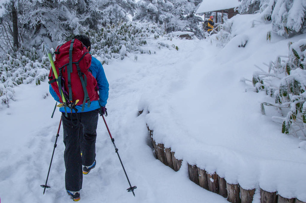 shin-hotaka, gifu, japan - Dezember 2018: Gruppe von Bergsteigern besteigt bei Schneefall in den japanischen Alpen die Spitze eines schneebedeckten Berges, Japan. - Foto, Bild