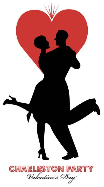 Charleston Party Valentinstag Tanz. Paar in Retro-Kleidung tanzt Charleston. großes Herz isoliert auf weißem Hintergrund. - Vektor, Bild