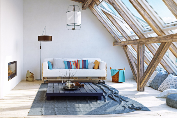 modern attic interior design. 3d rendering concept - Photo, Image