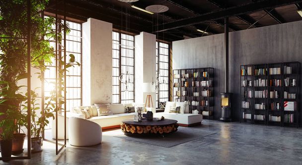 moderno loft salón interior. concepto de diseño de renderizado 3d
 - Foto, imagen
