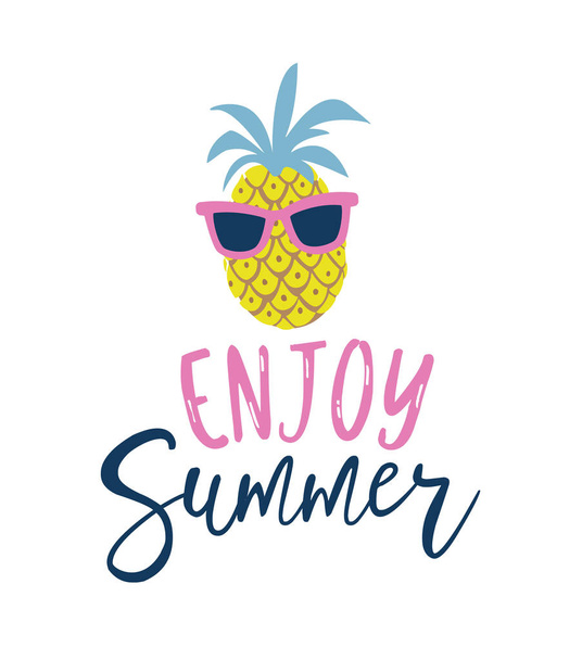 Summer cartoon style pineapple in sunglasses label, logo, hand drawn tags and elements for summer holiday, travel, beach vacation, sun. - Vector, afbeelding