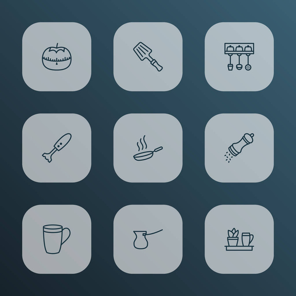 Cucinare icone stile linea set con timer pomodoro, frullatore a mano, cezve elementi tazza. Isolate icone di cucina illustrazione
. - Foto, immagini