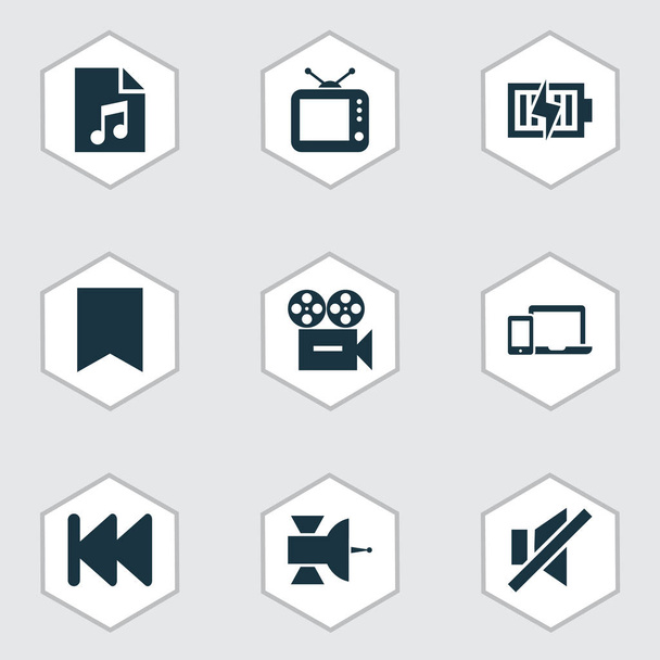 Multimédia ikonok beállítása a korábbi, TV-vel, hang ki és más videóinak elemek. Elszigetelt vektoros illusztráció multimédia ikonok. - Vektor, kép