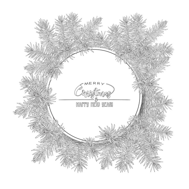 Fir branches. Template for greeting card for Merry Christmas and New Year, invitation or sale banner, gift voucher. Isolated on white background. Outline hand drawing vector illustration. - Вектор, зображення