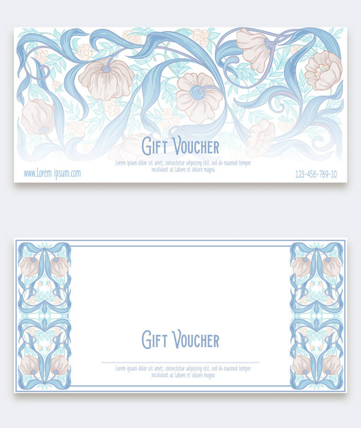 Floral pattern in art nouveau style, vintage, old, retro style. Gift voucher. Colored vector illustration. In soft blue colors. - Vektori, kuva