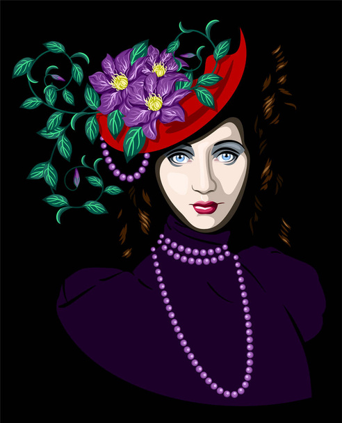 titokzatos hölgy kalapban, virágok - Vektor, kép