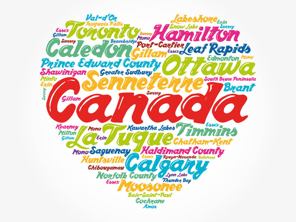Lista de cidades e vilas em Canadá compostas em forma de coração de sinal de amor, colagem de nuvens de palavras, fundo de conceito de negócios e viagens
 - Vetor, Imagem