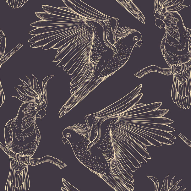Seamless pattern, background with tropical birds. White heron,cockatoo parrot. Vector illustration. Graphic drawing, engraving style. vector illustration - Vektor, Bild