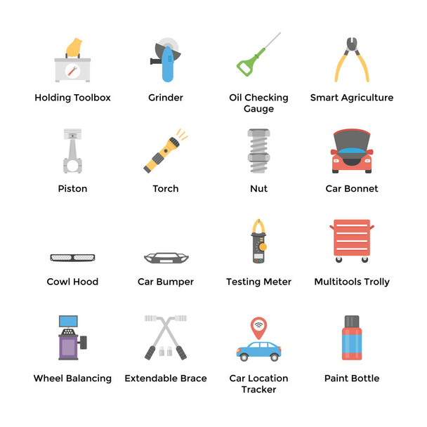 Automobile Parts and Services Flat Icons  - Vector, Image