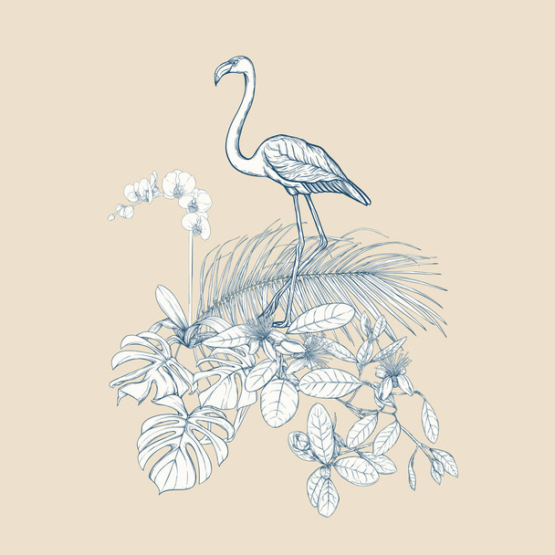 A composition of tropical plants, palm leaves, monsters and white orchids with flamingo In botanical style. Graphic drawing, engraving style. vector illustration.  In vintage blue and beige colors. - Vector, afbeelding