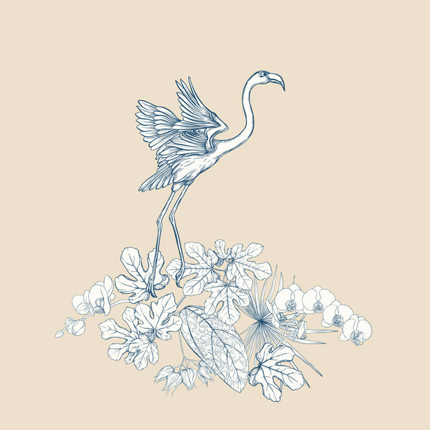 A composition of tropical plants, palm leaves, monsters and white orchids with flamingo In botanical style. Graphic drawing, engraving style. vector illustration.  In vintage blue and beige colors. - Vector, imagen