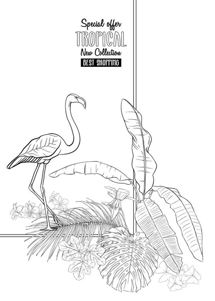 Template for greeting card, invitation or banner  with tropical plants, palm leaves, monstra and orchids with flamingo. Outline hand drawing vector illustration. - Vector, imagen