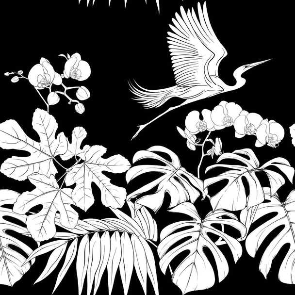 Seamless pattern, background. with tropical plants and flowers with white orchid and tropical birds.  Black-and-white graphics. Vector illustration - Vektor, obrázek