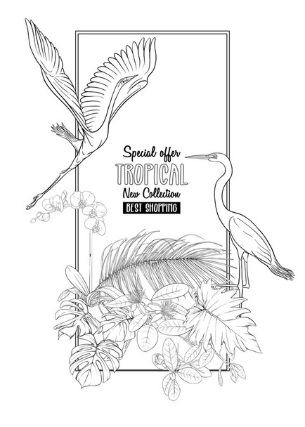 Template for greeting card, invitation or banner  with tropical plants, palm leaves, monstra and orchids with crane. Outline hand drawing vector illustration. - Wektor, obraz