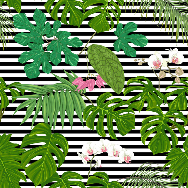 Tropical plants and white orchid flowers. Seamless pattern, background.  Colored vector illustration without gradients and transparency.  On black-and-white stripes background - Vector, Image