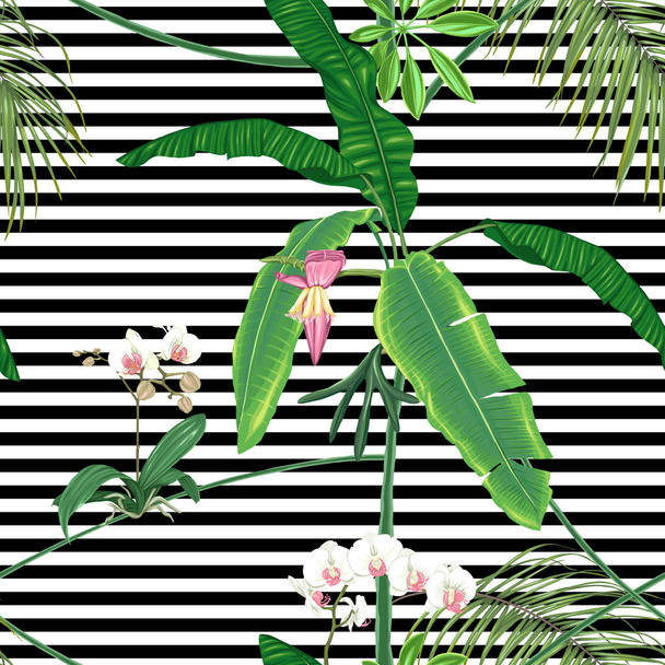 Tropical plants and white orchid flowers. Seamless pattern, background.  Colored vector illustration without gradients and transparency.  On black-and-white stripes background - Vector, Imagen