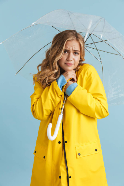 Full length image of elegant woman 20s wearing yellow raincoat standing under transparent umbrella isolated over blue background - Fotografie, Obrázek
