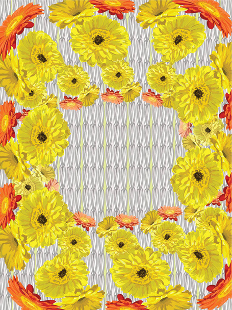 On the background of knitting with the needles, scattered yellow yellow orange gerberas in the form of a wreath - Vector, Image