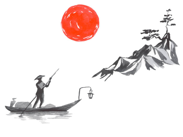 Japan traditional sumi-e painting. Fuji mountain, sakura, sunset. Japan sun. Indian ink illustration. Japanese picture. - 写真・画像