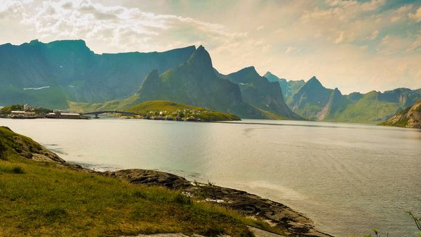 Norwegian scenic seascape on Lofoten archipelago, sea and houses on shore, Nordland county, Norway. - Foto, Bild