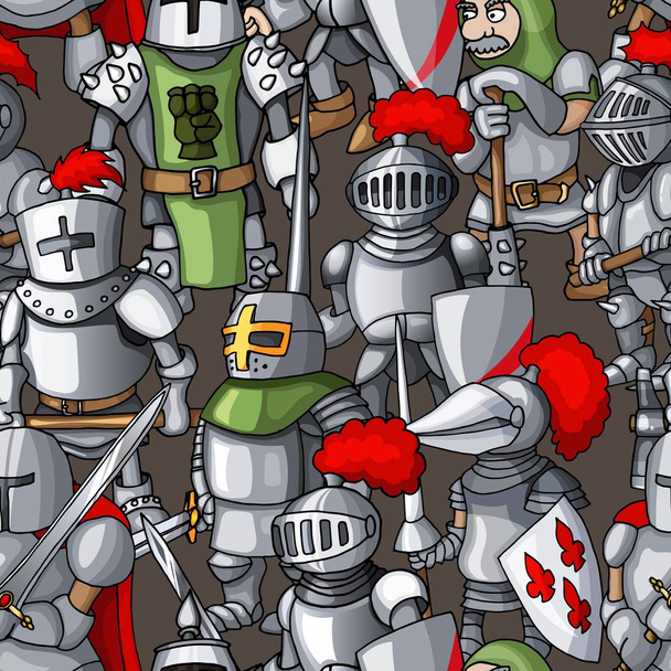 Caballeros blindados medievales formación dibujado a mano patrón sin costura, armas guerreros
 - Vector, Imagen