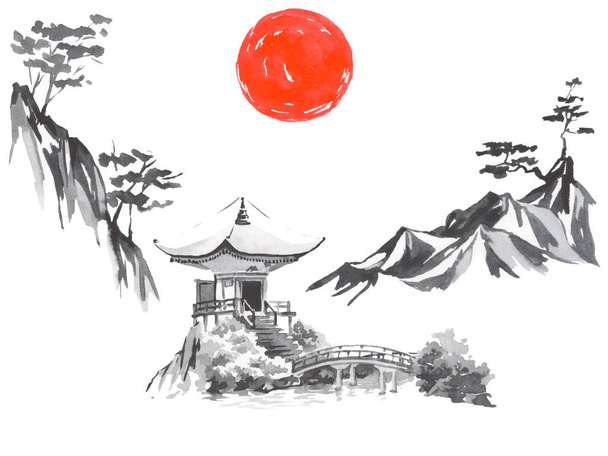 Japan traditional sumi-e painting. Fuji mountain, sakura, sunset. Japan sun. Indian ink illustration. Japanese picture. - Foto, imagen
