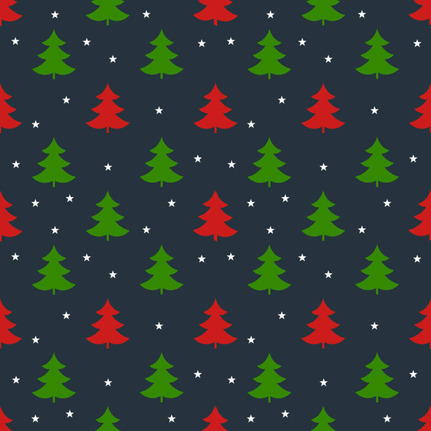 Kırmızı ve yeşil Noel ağaçları koyu mavi arka plan seamless modeli üzerinde. Vektör çizim. - Vektör, Görsel
