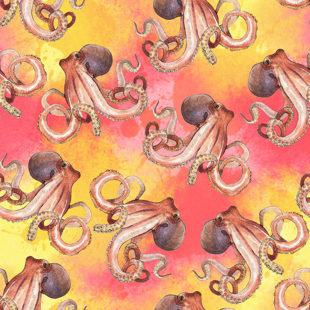 Patrón sin costura pulpo acuarela, ilustración pintada a mano aislada sobre fondo de color
 - Foto, Imagen