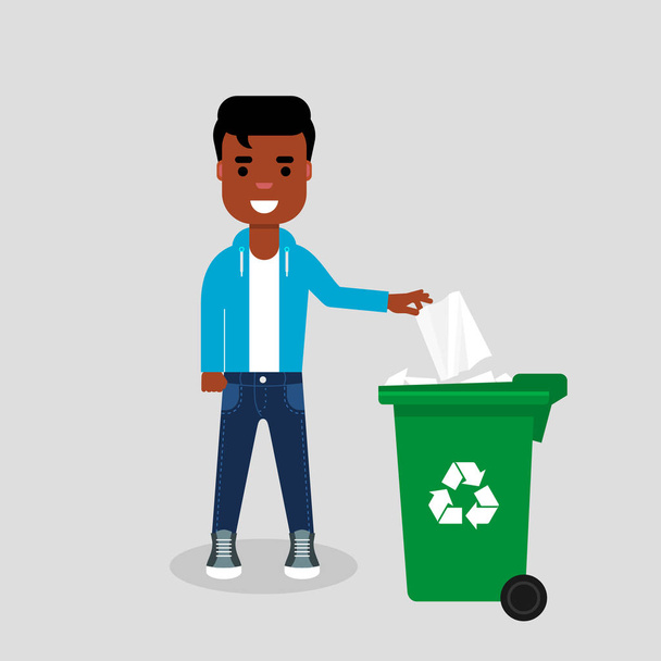 Jonge African American in jeans en trui papier in de prullenbak gooien. Recycling van papier, segregate afval, het sorteren van vuilnis, eco vriendelijke, concept. Vectorillustratie, vlakke stijl.  - Vector, afbeelding