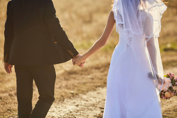 The bride and groom go through the field hand in hand. Happy bride and groom holding hands and walking in field on wedding day. - Фото, изображение