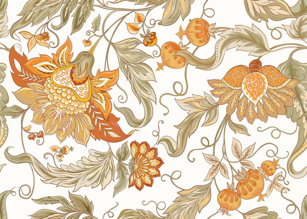 Seamless pattern with stylized ornamental flowers in retro, vintage style. Jacobin embroidery. Colored vector illustration In soft orange and green colors - Wektor, obraz