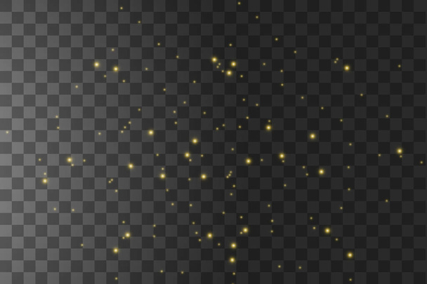 El polvo es amarillo. chispas amarillas y estrellas doradas brillan con luz especial. El vector brilla sobre un fondo transparente. Efecto de luz de Navidad. Partículas de polvo mágico chispeantes - Vector, Imagen