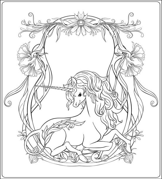 Unicorn and fantastic vintage frame and flowers. Vector illustration. In art nouveau style, vintage, old, retro style. Outline hand drawing. Good for coloring page for the adult coloring book. - ベクター画像