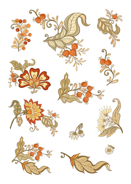 Floral decorative elements in jacobean embroidery style, fantasy floral pattern, vintage, old, retro style. Isolated on white background. Vector illustration. - Vektor, Bild