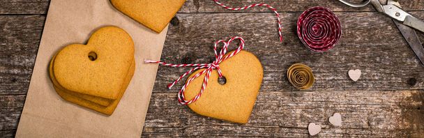 Valentines Day Background. Valentines Day Heart Shaped Cookies on Wooden Background. Selective focus. - Photo, Image