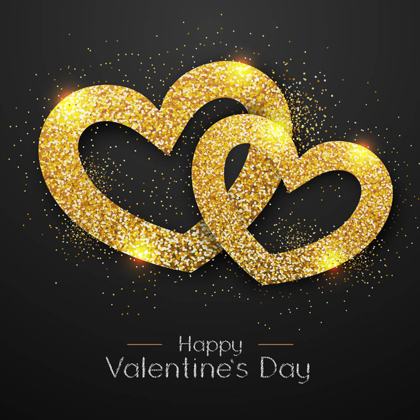 Happy Valentines day poster. Golden sparkle love heart symbol - Vector, Image