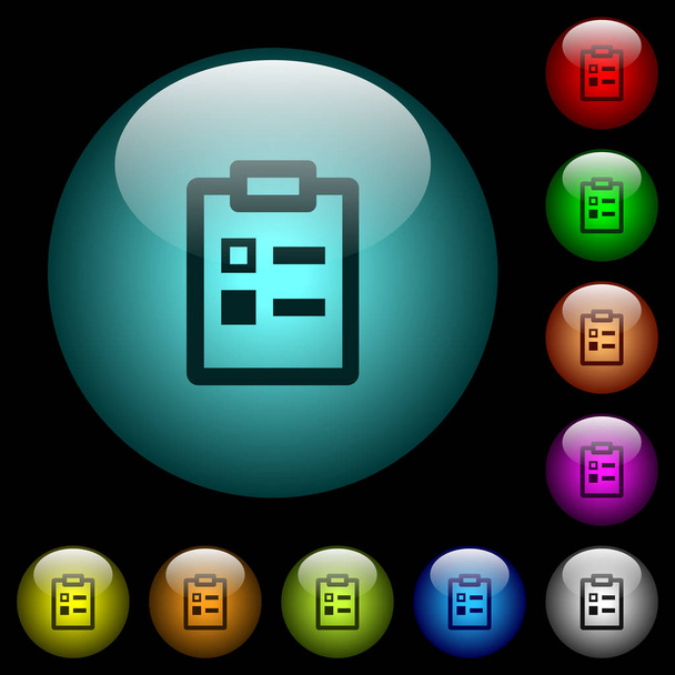 Umfragesymbole in farbig beleuchteten kugelförmigen Glasknöpfen auf schwarzem Hintergrund. kann für schwarze oder dunkle Vorlagen verwendet werden - Vektor, Bild