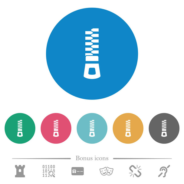 vertikaler Reißverschluss flache weiße Symbole auf runden farbigen Hintergründen. 6 Bonussymbole enthalten. - Vektor, Bild