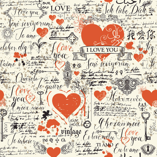 Vector seamless background with hearts, keys, keyholes and love theme letterings. Abstract background in retro style with hand written declarations of love in different languages and old manuscript. - Vector, Image