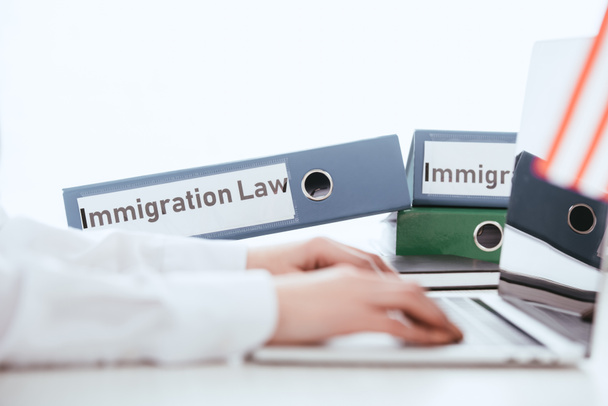 foyer sélectif des dossiers avec le lettrage de loi d'immigration près de la femme en utilisant un ordinateur portable isolé sur blanc
 - Photo, image